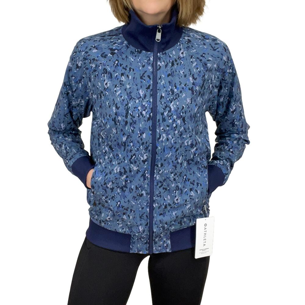 Athleta Brooklyn Bomber Jacket Sz S TALL New $139 Navy Blue Camo Full Zip Lined